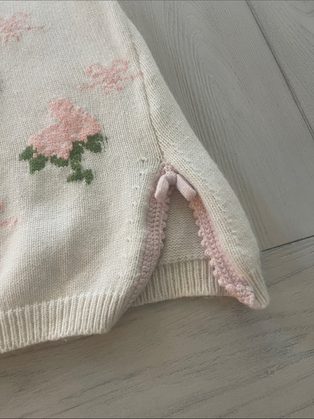 LoveShackFancy White Knit Dress with Pink Floral Bows - Picture 3 of 10